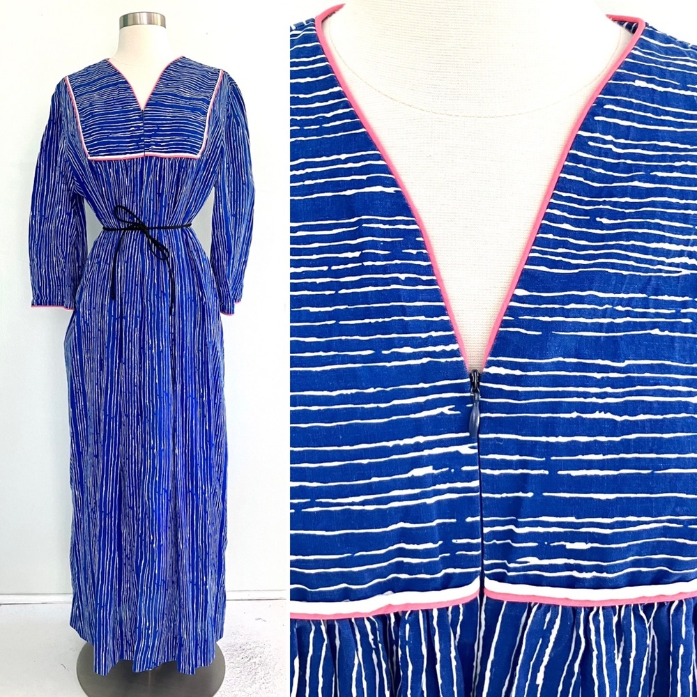 Vintage 70’s blue & white striped pink piping mumu house dress gown